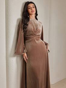 Veilorie Women Solid Color Round Neck Batwing Sleeve Elegant Dress With Waist Cross Details Modest