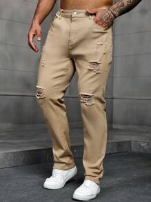 Manfinity Homme Men's Pockets Distressed Straight Loose Casual Versatile Denim Jeans - Khaki - View 4