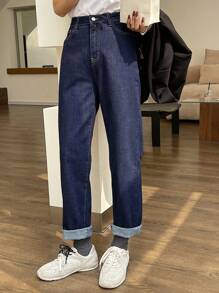 DAZY 1pc Women Solid Color Vintage Wash Straight Leg Skinny Jeans - Blue - View 4