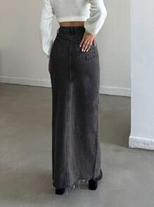 EURMUSE Falda larga de mezclilla con bolsillos y bajo con abertura lateral para mujer - Gris Oscuro - Ver 2
