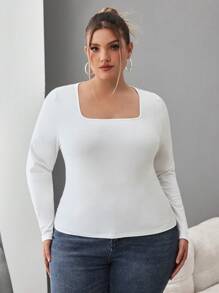 SHEIN CURVE+ 大码女式两件套方领紧身长袖休闲T恤套装，秋冬季女装，百搭基本款 - 黑與白 - 查看 8