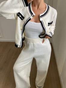 DAZY 2pcs Women Knit Sweater Cardigan Set With Long Pants - Black and White - View 2