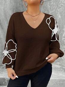 SHEIN Unity Plus Size Women Apricot V-Neck Floral Embroidery Regular Casual Pullover Sweater, Autumn/Winter Knit Pullover Fall Outfit