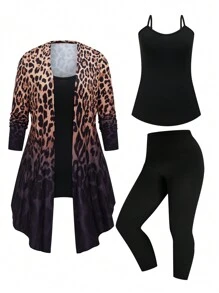 EMERY ROSE Conjunto de 2 piezas de talla grande con chaqueta de estampado degradado de leopardo y camiseta sin mangas de unicolor con pantalones, conjunto casual de otoño - Multicolor - Ver 1