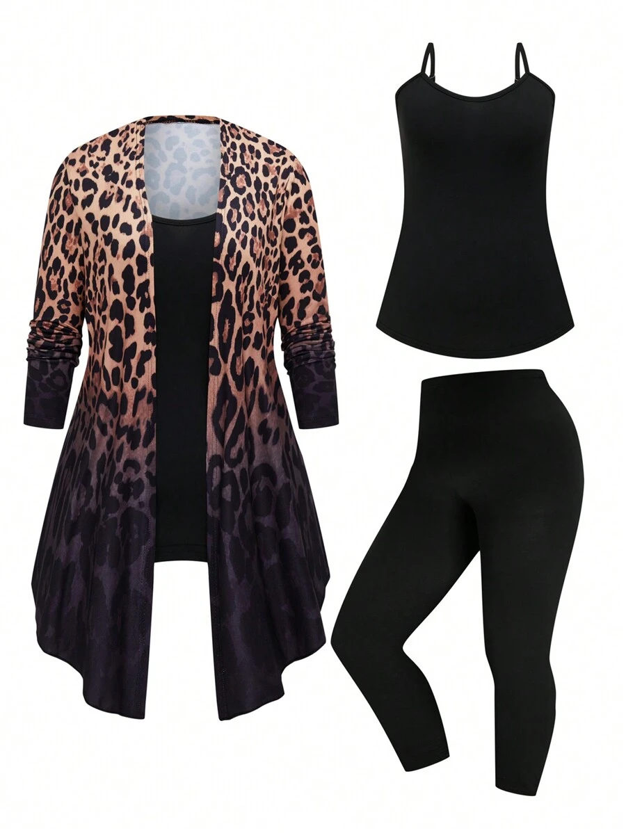 EMERY ROSE Conjunto de 2 piezas de talla grande con chaqueta de estampado degradado de leopardo y camiseta sin mangas de unicolor con pantalones, conjunto casual de otoño - Multicolor - Ver 1