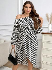 SHEIN Clasi Plus Size Women Autumn Wavy Striped Asymmetric Collar Long Sleeve Elegant Dress