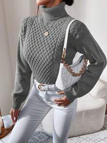 EURMUSE 1 pièce Pull ample col roulé unicolore à manches longues pour femme, automne/hiver - Gris - Voir 4