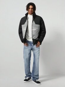ROMWE MEN Street Life Chaqueta con cremallera de forro polar con estampado de estrella y letras para hombre en invierno