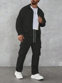 Manfinity Homme 2pcs Men Casual Button-Up Jacket And Pants Set, Daily Wear For Autumn, Men 2 Piece Set Black, Men Co Ord Set, Casual Two Piece Set Men, Men Jacket Pant Separates - Black - View 1