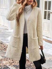 Chiquease Minimalist Solid Color V-Neck Fleece Warm Coat With Dual Pockets For Commuting