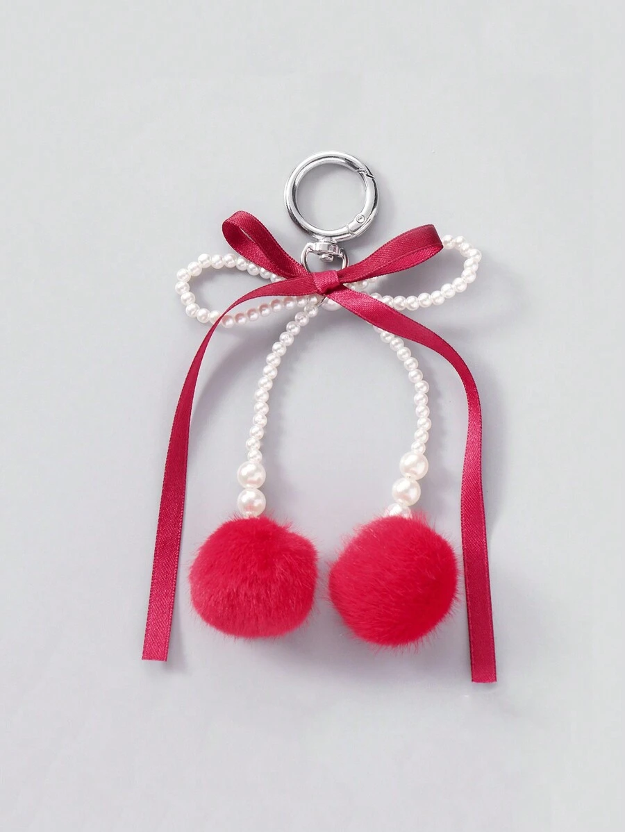 ROMWE Kawaii 1pc Minimalist Chic Red Ribbon Pearl Bow Plush Pompom Bag Charm , Christmas - Multicolor - View 1