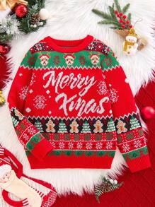 Suéter de punto jacquard con cuello redondo, estampado navideño de reno y pan de jengibre, para niños preadolescentes, apto para fiestas navideñas, otoño/invierno. Juegos de ropa a juego para mamá e hijo (se venden por separado 4 piezas)