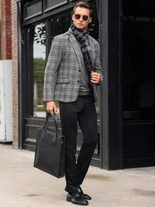 Manfinity Bizformal 男士商务休闲灰色格纹纹理西装外套，秋装 - 黑色 - 查看 6