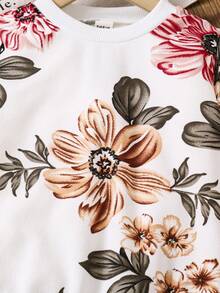 年轻女孩可爱宽松学院风碎花图案圆领运动衫，长袖，秋冬季，非常适合休闲日常穿着和上学日常，妈妈和女儿搭配 - 彩色 - 查看 4