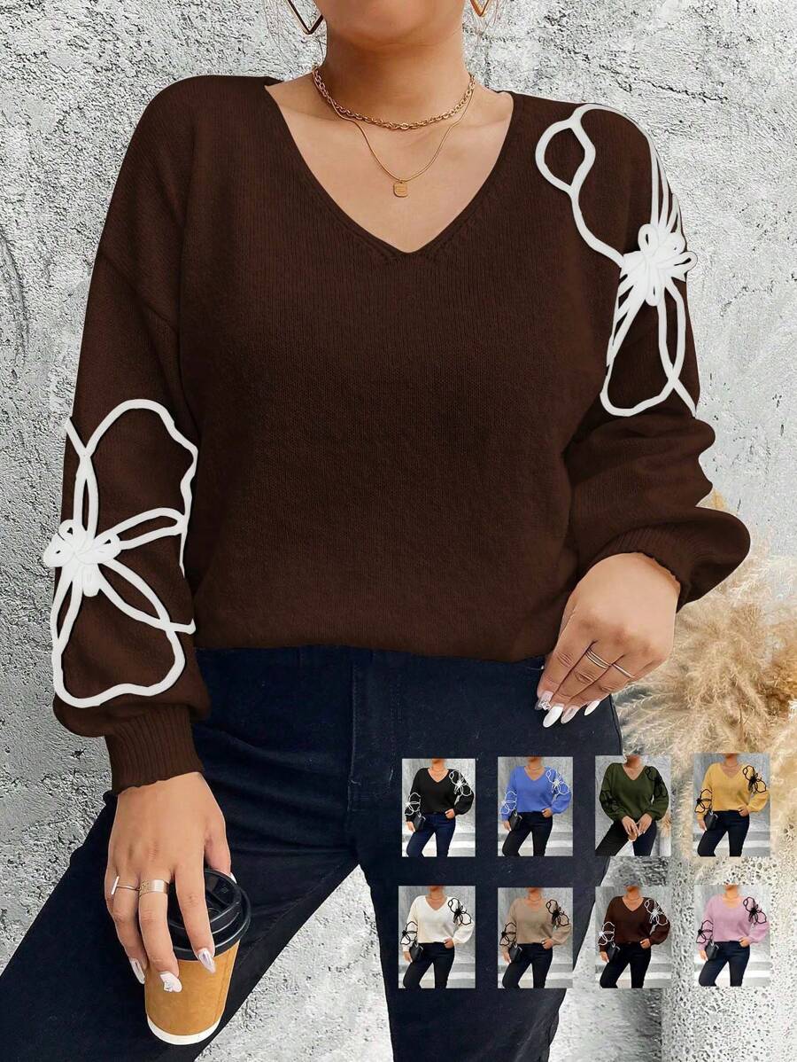 SHEIN Unity Plus Size Women Apricot V-Neck Floral Embroidery Regular Casual Pullover Sweater, Autumn/Winter Knit Pullover Fall Outfit