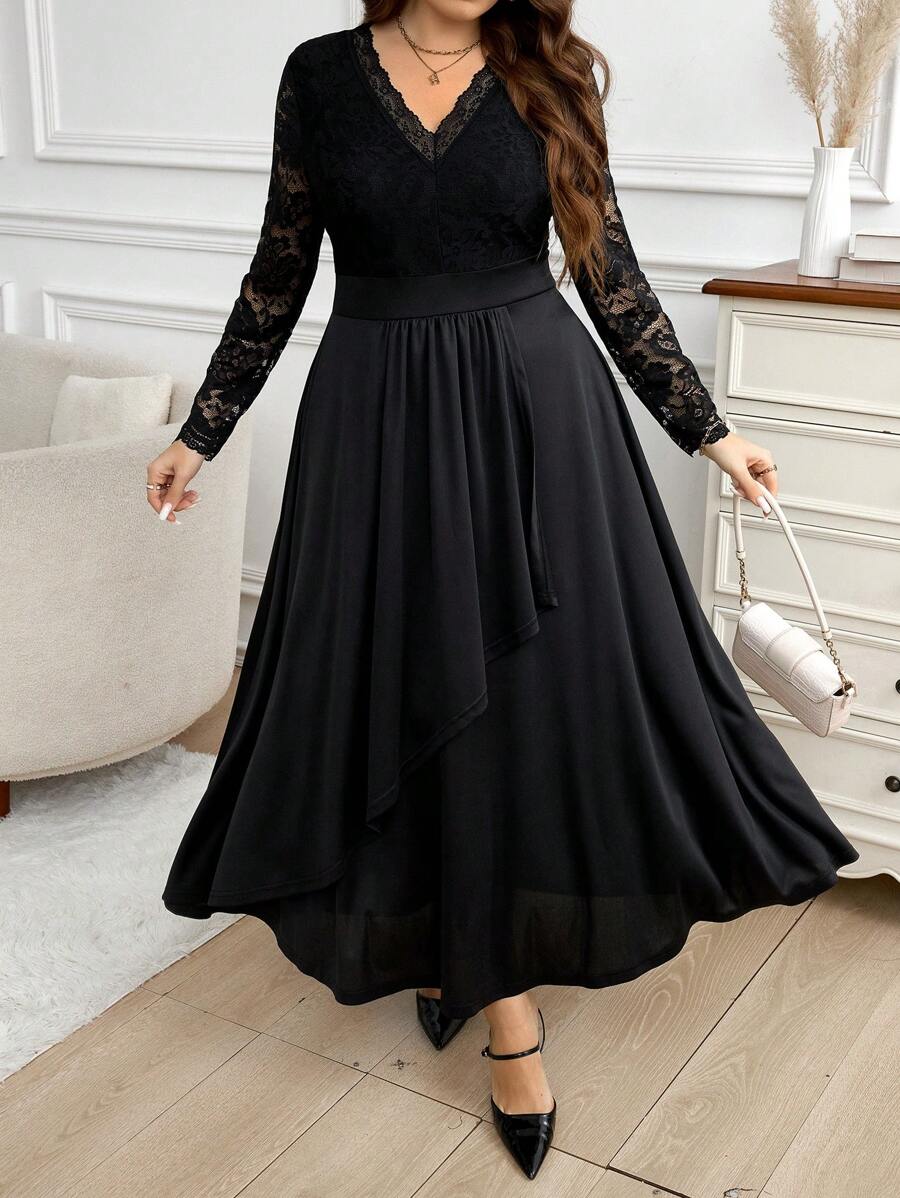 SHEIN Clasi Women Plus Size V-Neck Long Sleeve Lace Patchwork Elegant Dress, Autumn - Black - View 1
