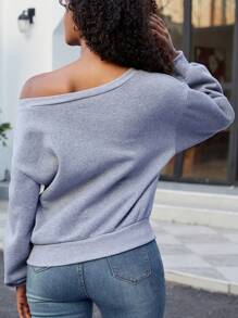 INAWLY Sudadera holgada con estampado de letra asimétrica en el hombro, de estilo minimalista y casual para mujer, para otoño - Gris - Ver 2