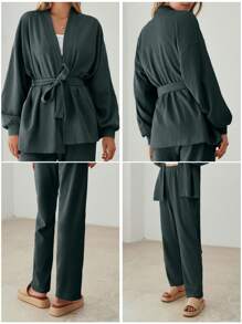 SHEIN Cottnline Cotton Drop Shoulder Belted Coat & Pants - Green - View 8
