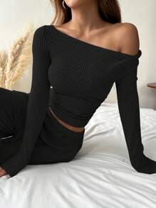 SHEIN EZwear 女士罗纹船领上衣和宽松长裤套装 - 黑色 - 查看 1