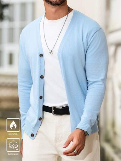 Manfinity Mode Men's Solid Color Front Button Placket Knit Casual Cardigan, For Fall Winter, Long Sleeve Top