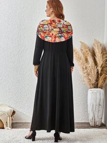 SHEIN Clasi 大码女式度假风格建筑印花褶皱船领松紧腰连衣裙，春秋季长款女装 - 彩色 - 查看 2