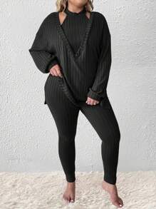 SHEIN LUNE 3pcs Plus Size Women Set: Casual Solid Ribbed V-Neck Loose Dropped Shoulder T-Shirt, Halter Top And High Waist Leggings - Black - View 3