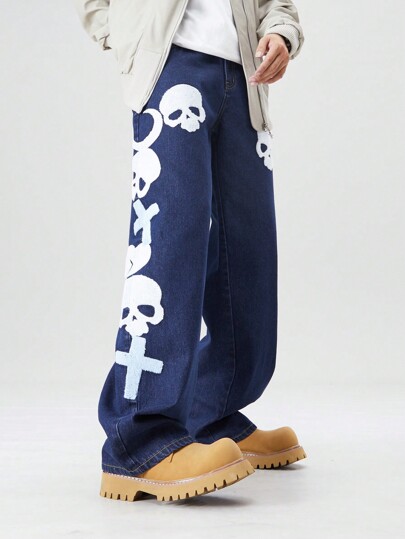 Street Life Jeans en denim polyvalent avec patch crâne pour homme, style casual