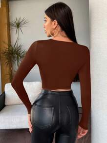 RueChic Women's Solid Color Round Neck Long Sleeve Minimalist Casual Top - Coffee Brown - View 2