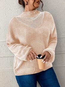 SHEIN LUNE Plus Size Contrast Fish Net Crew Neck Long Sleeve Sweater Knit Pullover Fall Winter - Baby Pink - View 5