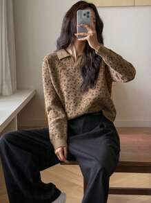 DAZY 1pc Women Leopard Print Crew Neck Sweater, Casual Pullover For Daily Wear Fall - Brown - View 5