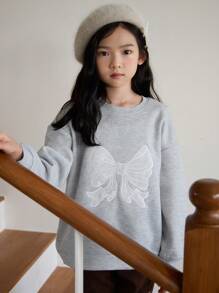 DAZY Tween Girl Round Neck Bow Knitted Sweatshirt, Fall,Back To School Clothes - Grey - View 1