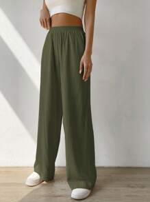 Muchica Solid Slant Pocket Linen Wide Leg Pants - Olive Green - View 4