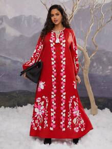 SHEIN VCAY Vestido largo con cuello en V, con flecos y estampado floral, para talla grande, estilo bohemio, occidental y nómada, adecuado para vacaciones de otoño - Multicolor - Ver 5