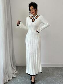 Chiquease Women Contrasting Trim Hollow Out Long Sleeve Long Knitted Sweater Dress, Elegant