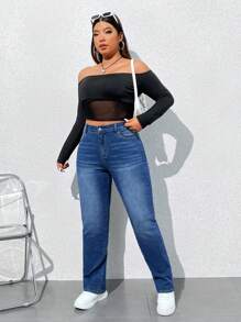 SHEIN PETITE CURVE Plus Size Solid Color Pocket Casual Straight Leg Jeans, Fall Women Clothes - Blue - View 5
