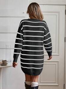 SHEIN LUNE 2024 女款黑白条纹针织毛衣连衣裙 - 彩色 - 查看 2