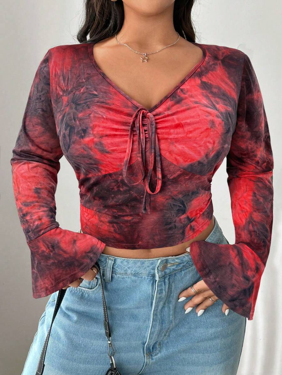 SHEIN EZwear 大码女式皱褶扎染褶皱喇叭袖针织 T 恤,初秋田园风格 - 紅色 - 查看 1