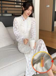 DAZY Women's Lace-Up Long Dress With Thermal Lining, Fall, Winter Wedding Women Dresses Fleece Lined