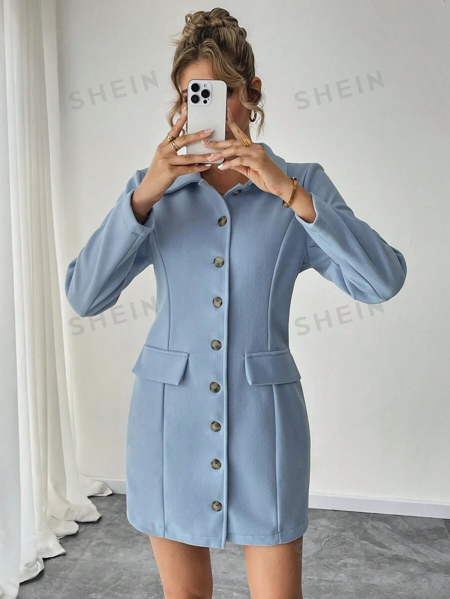 Chiquease Vestido de tweed de manga larga con cuello, bolsillo decorativo y diseño para dar forma a la cintura para mujeres