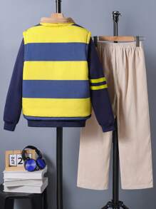 SHEIN Explorewe 2 pièces/Set Style universitaire américain décontracté pour pré-adolescents, ensemble 3 pièces - gilet réversible à rayures, sweat-shirt manches longues imprimé lettres et pantalon en velours côtelé, adapté pour l'automne et l'hiver - Multicolore - Voir 3