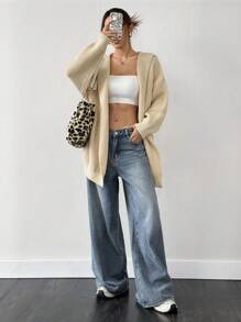 SHEIN EZwear Cardigan Minimalis Lengan Panjang Warna Polos untuk Wanita, Pakaian Kasual Sederhana untuk Sehari-hari - Aprikot - View 4