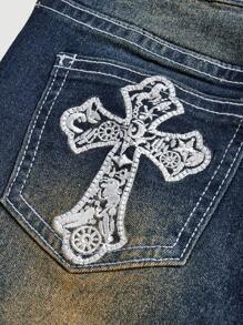 SHEIN Girlism Tween Girls Y2k Retro Millennium Pocket Stars Moon Cross Embroidery Rhinestone Decor Flare Jeans