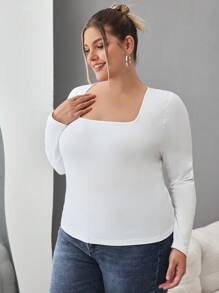 SHEIN CURVE+ 大码女式两件套方领紧身长袖休闲T恤套装，秋冬季女装，百搭基本款 - 黑與白 - 查看 6