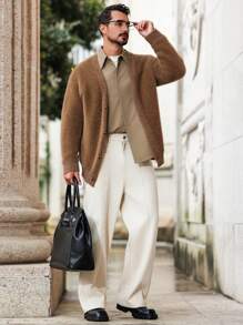 Manfinity Homme Men's Casual Brown Sweater Fluffy Cardigan, Autumn/Winter - Brown - View 6