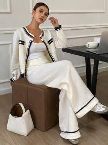 DAZY 2pcs Women Knit Sweater Cardigan Set With Long Pants - Black and White - View 1