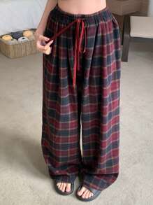 DAZY Women's Christmas Plaid Drawstring Waist Loose Wide Leg Pajama Pants, Fall, Winter - Red - View 4