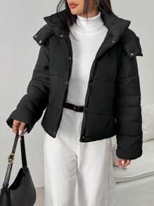 Chiquease 女士加厚连帽绗缝棉被夹棉大衣，保暖，适合秋冬季衣服 - 黑色 - 查看 6