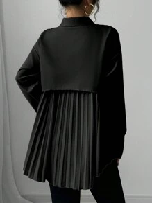 Chiquease 女式杏色卡其色拼布原创设计弧形褶皱不对称飘逸休闲宽松婴儿领衬衫领长袖上衣 - 黑色 - 查看 4