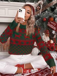 SHEIN Essnce Áo len nữ tay rớt họa tiết tuần lộc, áo len dệt kim mùa thu/đông. - Nhiều màu - Xem 1