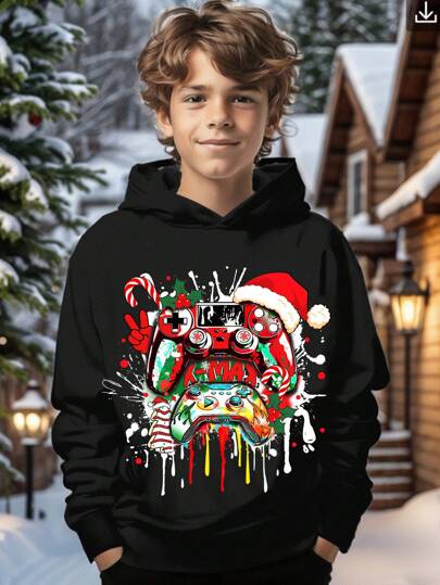 SHEIN Tween Boy Casual Minimalist Cartoon Christmas Element Pattern Loose Fit Long Sleeve Hoodie Sweatshirt, Suitable For Autumn & Winter